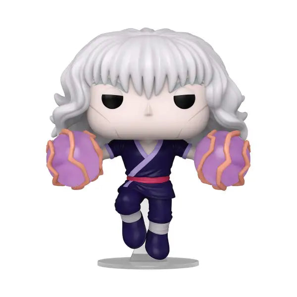 Cartoon-style Silva Zoldyck Funko Pop with white hair and purple energy spheres