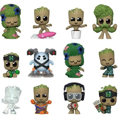 Collection of Groot Mystery Minis featuring tree-like characters with accessories