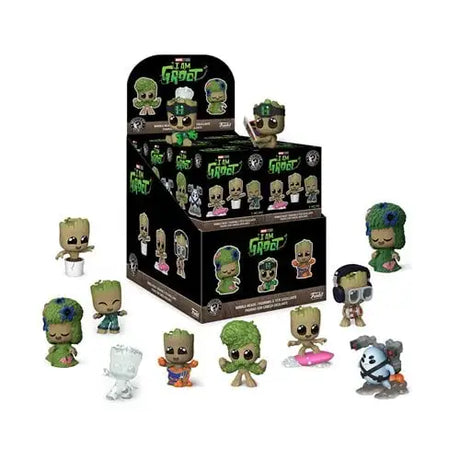 Display box with Groot Mystery Minis figurines showcasing cartoon tree-like characters