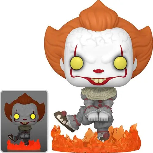 Close-up of Pennywise Dancing Pop Vinyl Figure clown with fire - Horror Movie Collectible.