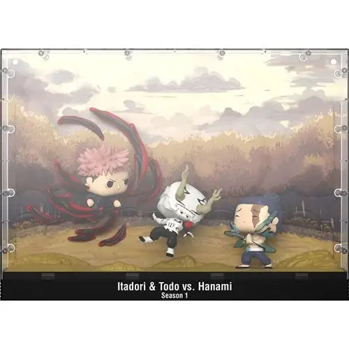 Anime-style battle scene with Jujutsu Kaisen Itadori and Todo vs Hanami Funko Pop moment