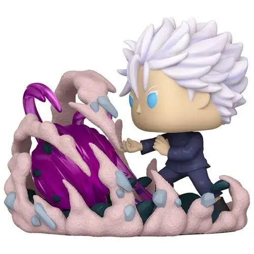 Cartoon figurine of Satoru Gojo using hollow technique with a purple and pink creature Funko Pop