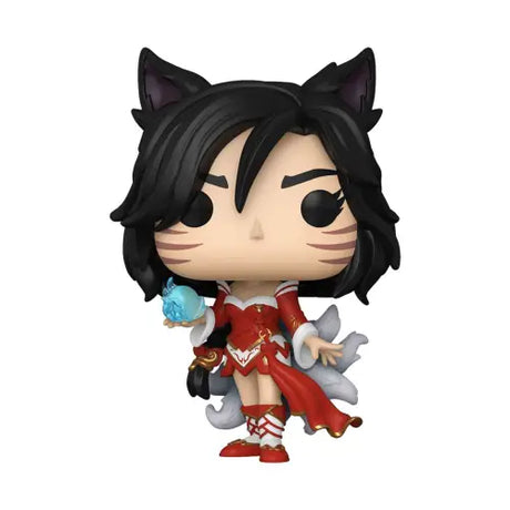 Anime-style Funko Pop of League of Legends Ahri in red outfit with blue orb