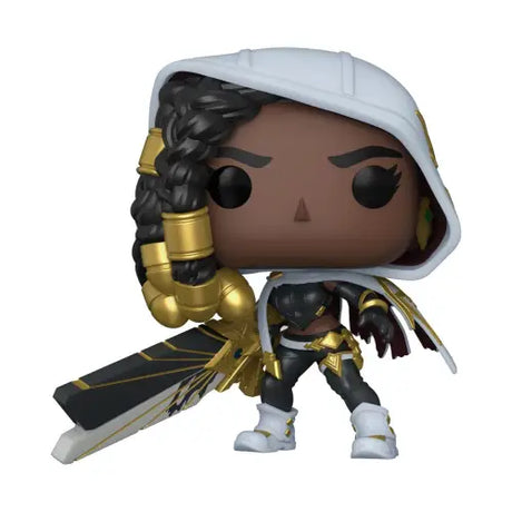 Funko Pop figurine of League of Legends Senna with a white hood and gold accents