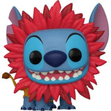 Blue Funko Pop figure of Stitch in Simba costume holding a leaf, Lilo & Stitch theme