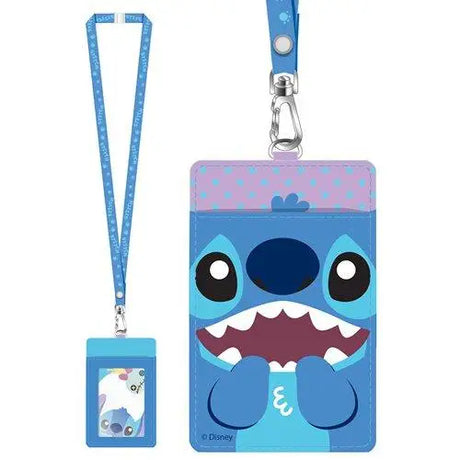 Blue luggage tag featuring a smiling cartoon character on Lilo & Stitch Deluxe Lanyard.