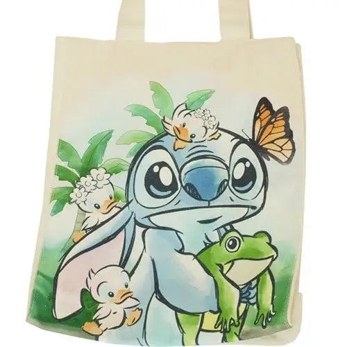 Tote bag featuring Stitch with ducklings and a frog on a springtime canvas design