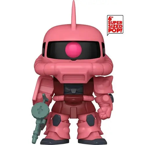 Pink Funko Pop figurine of Mobile Suit Gundam Char’s Zaku II with one eye and weapon