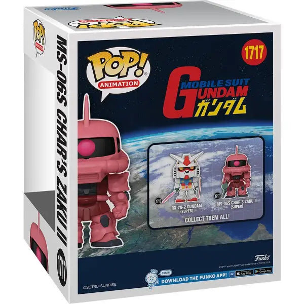 Mobile Suit Gundam Funko Pop box featuring pink Char’s Zaku II robot character