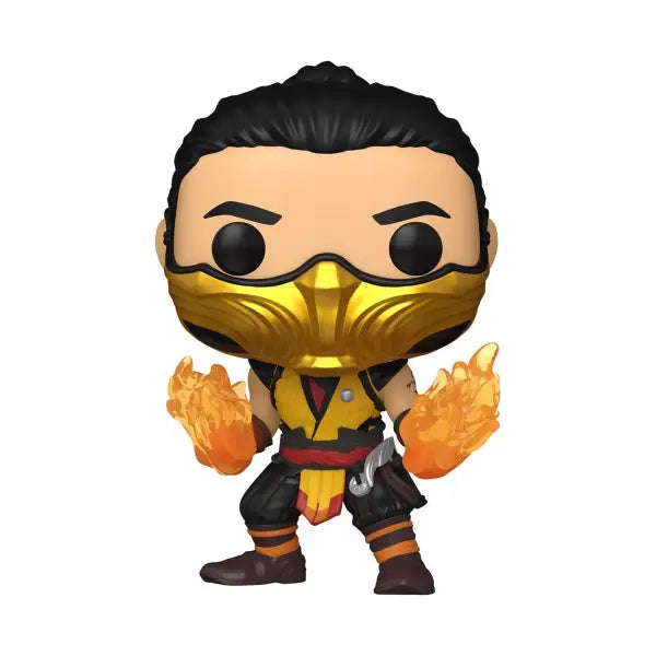 Mortal Kombat Scorpion Funko Pop figurine with flaming hands and gold face mask