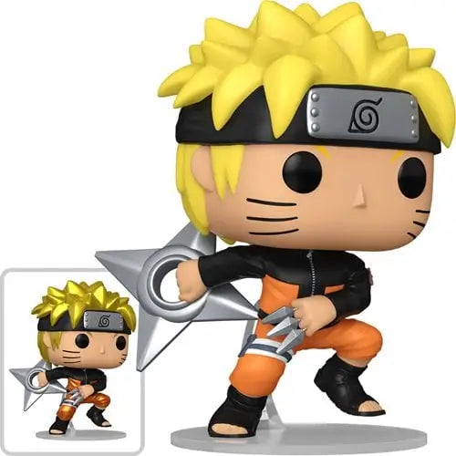 Funko Pop of Naruto Uzumaki in orange and black with shuriken from Shippuden