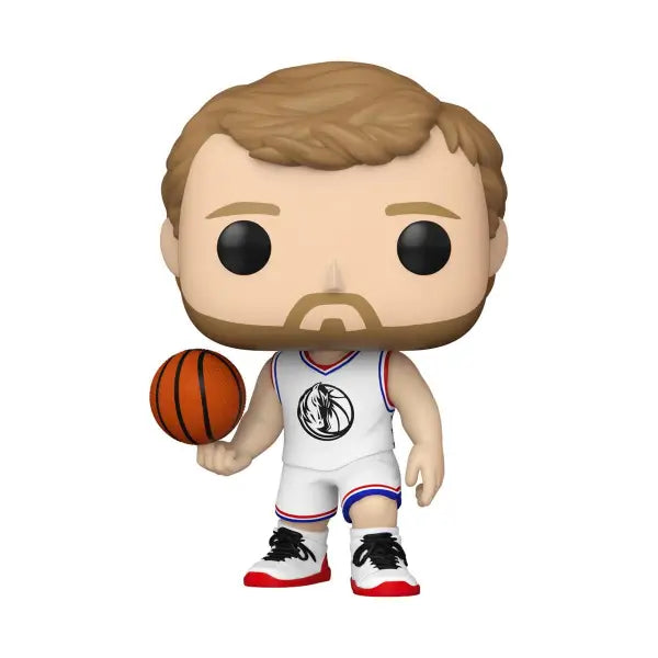 Funko Pop figurine of Stars Dirk Nowitzki in Dallas Mavericks uniform holding a basketball