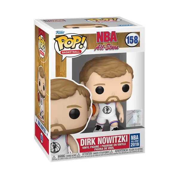 Funko Pop NBA figure of Dirk Nowitzki in Dallas Mavericks uniform in display box