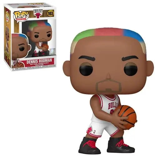 Legends Dennis Rodman Funko Pop vinyl figure with colorful hair holding a basketball