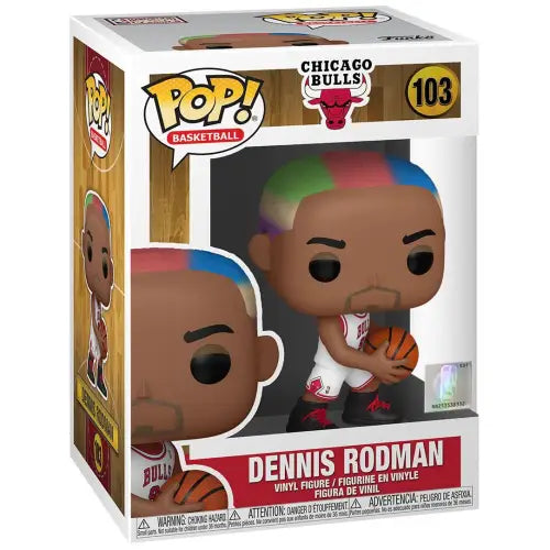 Funko Pop NBA figure #103 of Legends Dennis Rodman in Chicago Bulls uniform with colorful hair