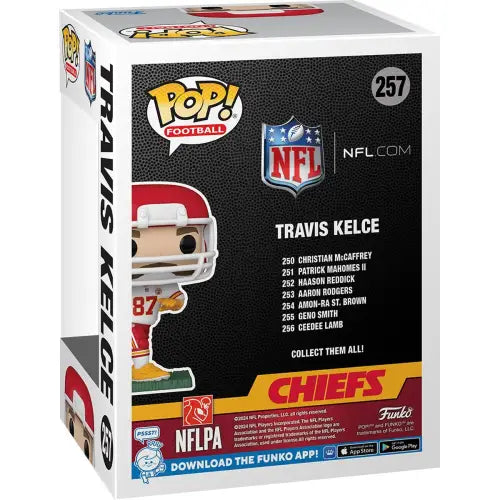 Funko Pop NFL figure #257 of Travis Kelce in Kansas City Chiefs uniform