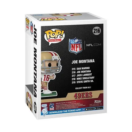 Legends Joe Montana NFL Football Card Box displayed with Joe Montana Away Funko Pop Vinyl Figure