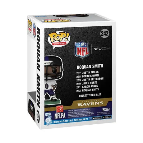 NFL Ravens Roquan Smith Funko Pop! Vinyl Figure #242 box showcasing the player