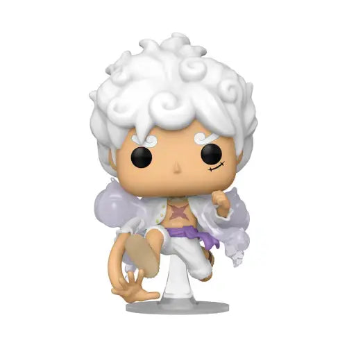 Funko Pop of Luffy Gear Five with white curly hair in purple and white clothing