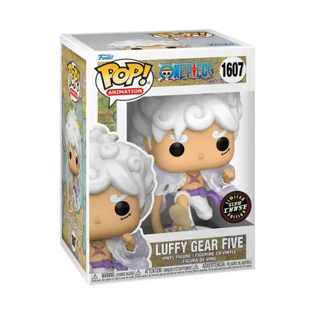 Funko Pop Luffy Gear Five figure with white hair and glowing appearance from One Piece