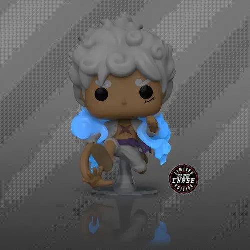 Funko Pop Gear Five Luffy figure with white curly hair and glowing blue effects