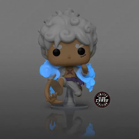 Funko Pop Gear Five Luffy figure with white curly hair and glowing blue effects