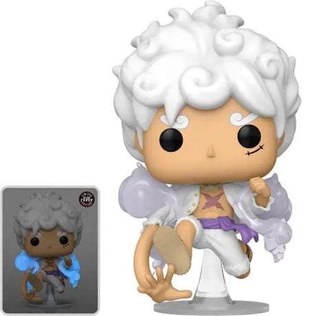 Funko Pop figure of Luffy Gear Five in martial arts pose with white curly hair