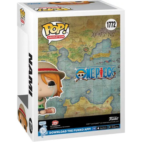 Funko Pop box featuring One Piece Nami Crying design with world map background