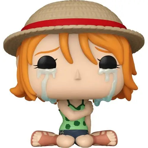 Cartoon Funko Pop of Piece Nami Crying in straw hat and polka dot top