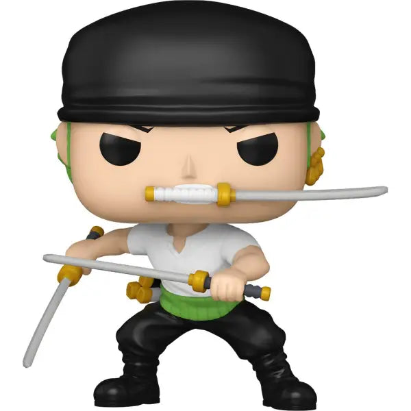 Cartoon-style Funko Pop of Roronoa Zoro with swords and black hat from One Piece