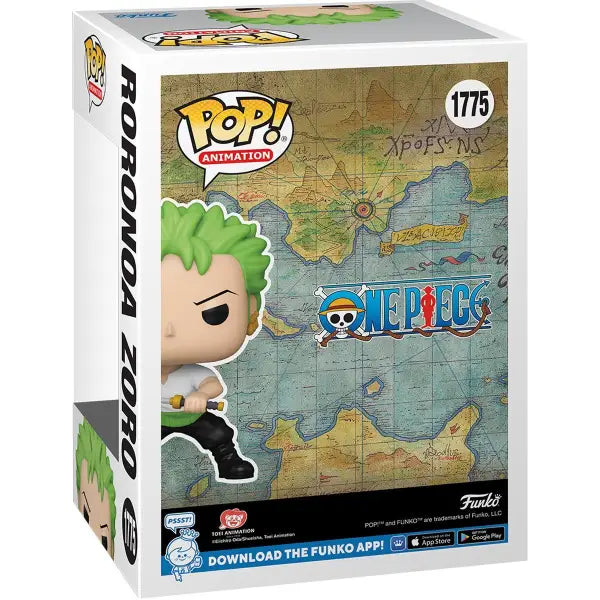 Funko Pop! box featuring Roronoa Zoro with swords from One Piece anime series