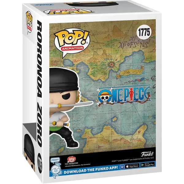 One Piece Roronoa Zoro Funko Pop box featuring a sword and bandana collectible