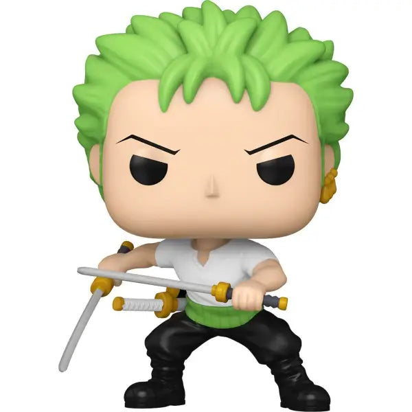 Funko Pop figure of Roronoa Zoro with green hair and three swords from One Piece