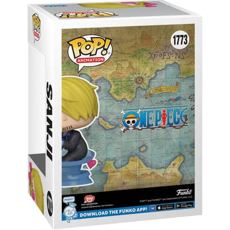 Funko Pop vinyl figure box featuring One Piece Sanji with world map design