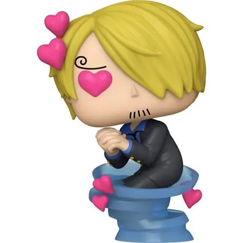 Cartoon figurine of blonde character on blue pedestal, featured in Funko Pop One Piece Sanji Vinyl Figure