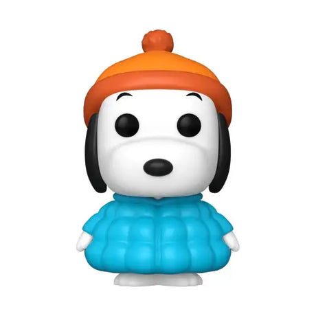 Snoopy in blue coat funko pop vinyl figure with orange winter hat from Peanuts series