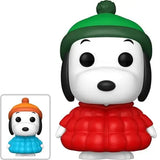 Snoopy in a green winter hat and red coat Funko Pop vinyl figure from Peanuts series