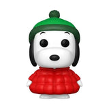 Snoopy in a red coat Funko Pop vinyl figure wearing a green winter hat