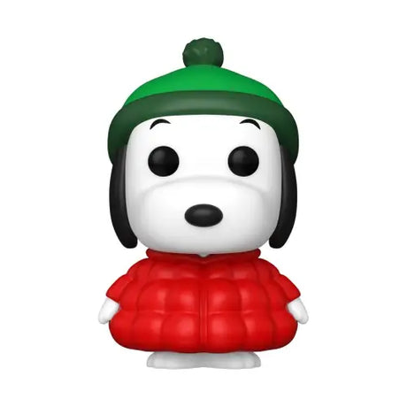 Snoopy in a red coat Funko Pop vinyl figure wearing a green winter hat