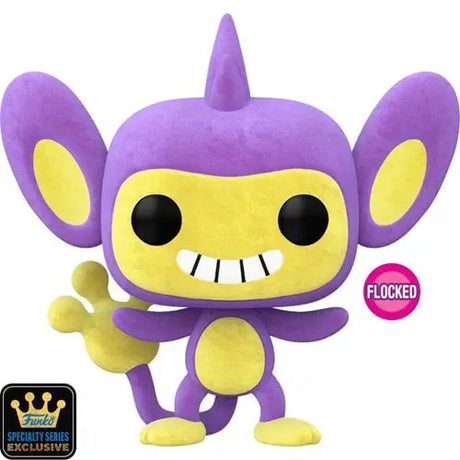 Purple and yellow Pokemon Aipom Flocked Funko Pop with monkey-like features and grin