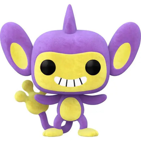 Purple and yellow Aipom Flocked Funko Pop with big ears and a toothy grin