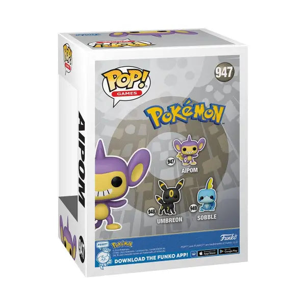 Funko Pop! box featuring Pokémon Aipom, Umbreon, and Sobble from Pokemon Aipom Funko