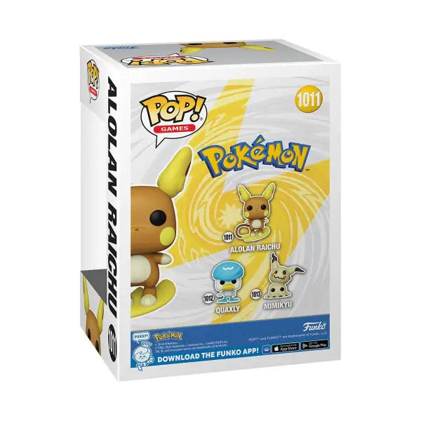 Funko Pop Pokemon Alolan Raichu figure box featuring Charmander with icons