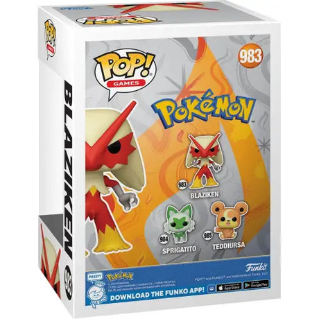 Funko Pop Pokemon Blaziken figure box featuring Blaziken, Sprigatito, and Teddiursa