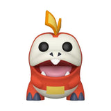 Cute red-bodied monster with white face and yellow top, Pokémon Fuecoco Funko Pop