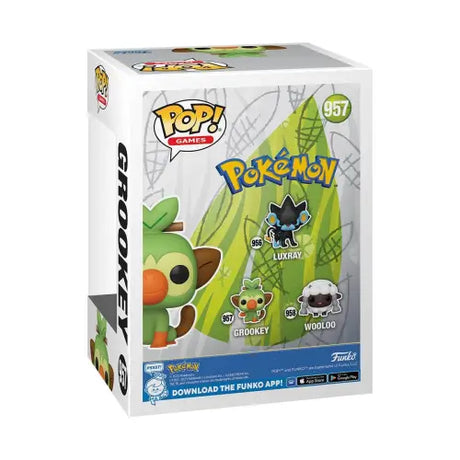 Funko Pop Pokémon figure box showcasing Grookey and Wooloo from Pokémon Grookey Funko