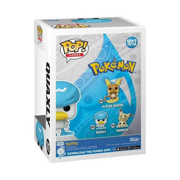 Funko Pop Pokemon Quaxly figure box featuring Quagsire and Mimikyu artwork