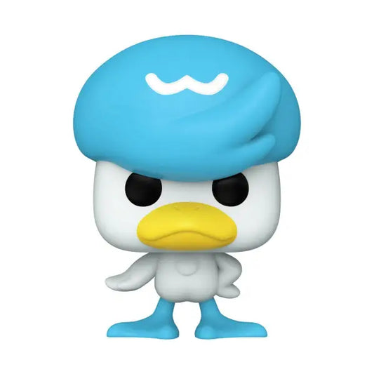 Cartoon duck Quaxly Funko Pop with blue beret and grumpy expression from Pokémon