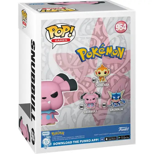 Funko Pop Pokemon Snubbull collectible figure box featuring Snubbull, Chimchar, Greninja