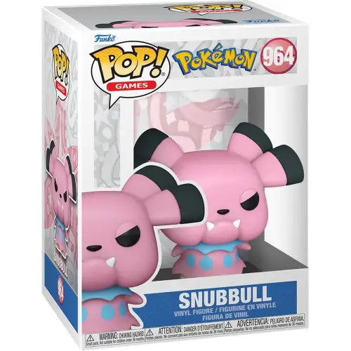 Pokemon Snubbull Funko Pop figure #964 in pink with black ears and a blue collar